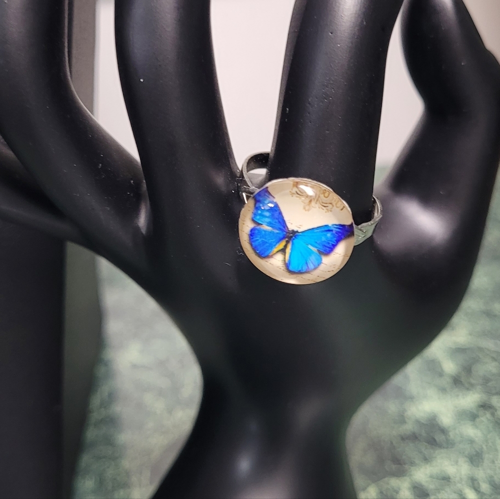 Elegant Blue Butterfly Pendant Necklace and Ring Set